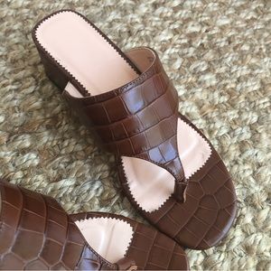 J Crew Wide Strap Heeled Croc Embossed Leather Sandal. Size 6